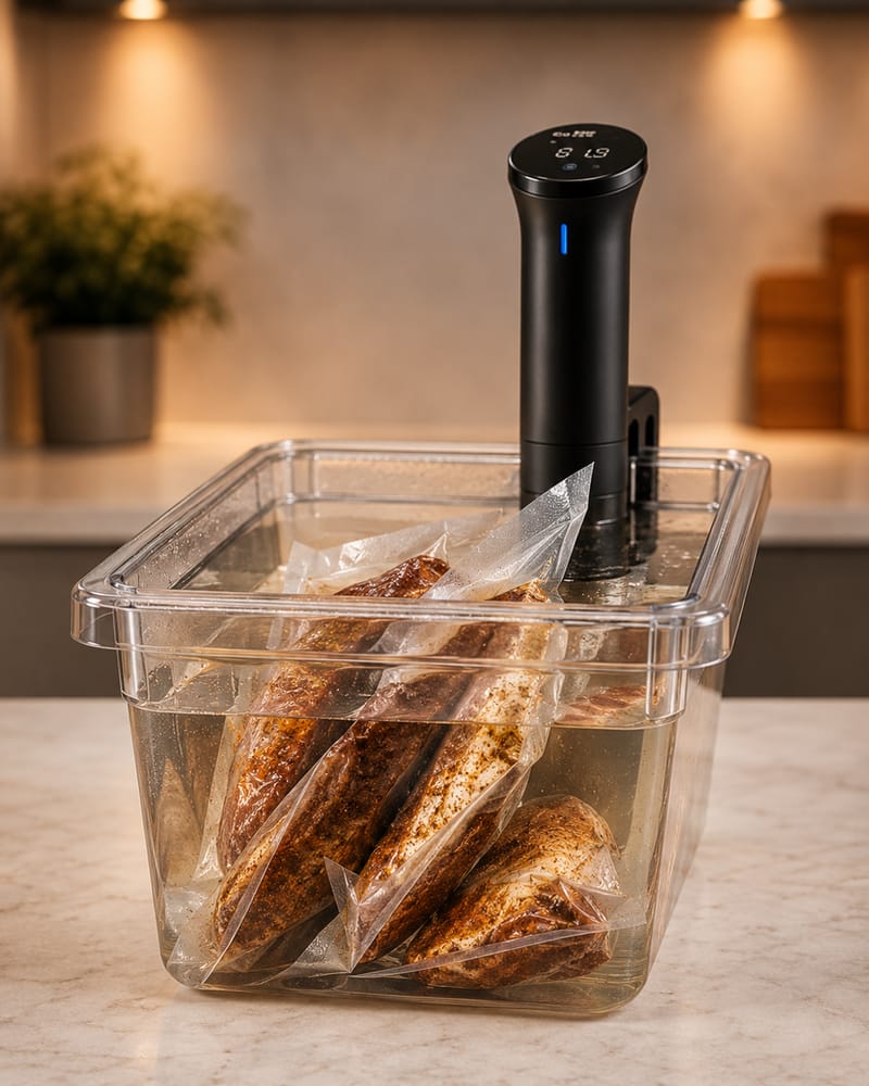 Peças embaladas a vácuo dentro do banho sous vide com circulador de temperatura